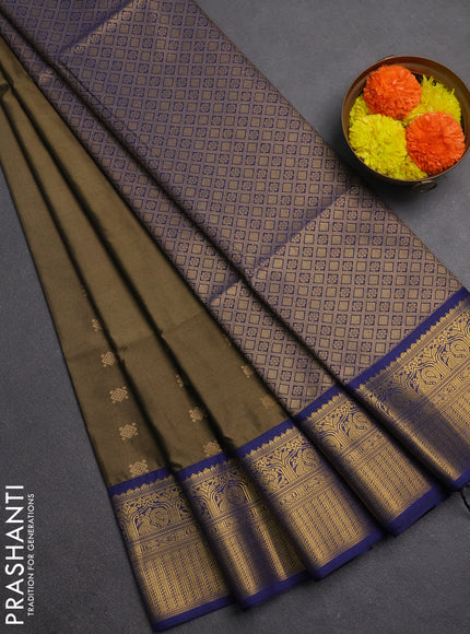 Semi soft silk saree olive green and navy blue with allover zari woven buttas and zari woven border