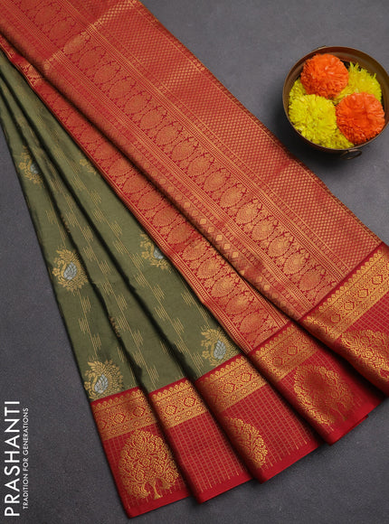 Semi soft silk saree elaichi green and maroon with allover zari weaves & buttas and zari woven butta border