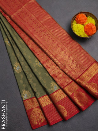 Semi soft silk saree elaichi green and maroon with allover zari weaves & buttas and zari woven butta border
