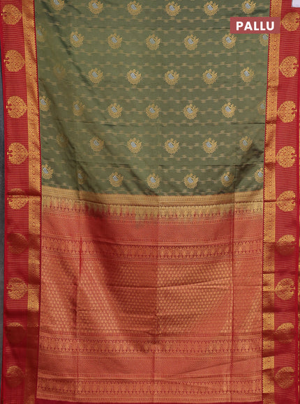 Semi soft silk saree elaichi green and maroon with allover zari weaves & buttas and zari woven butta border