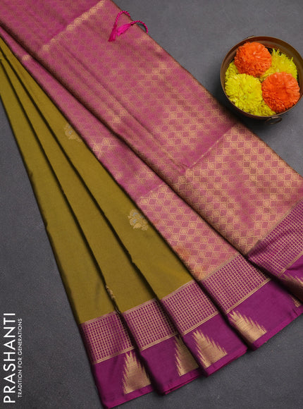 Semi soft silk saree mehendi green and dark magenta pink with zari woven buttas and temple design zari woven butta border
