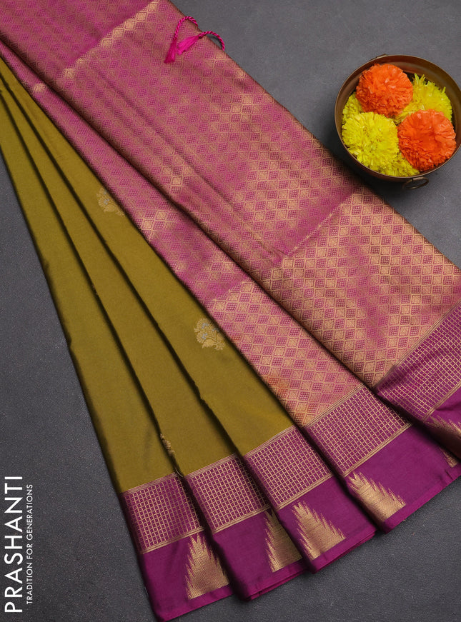 Semi soft silk saree mehendi green and dark magenta pink with zari woven buttas and temple design zari woven butta border