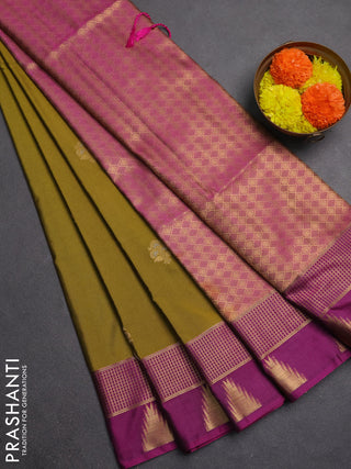 Semi soft silk saree mehendi green and dark magenta pink with zari woven buttas and temple design zari woven butta border