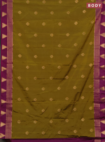 Semi soft silk saree mehendi green and dark magenta pink with zari woven buttas and temple design zari woven butta border