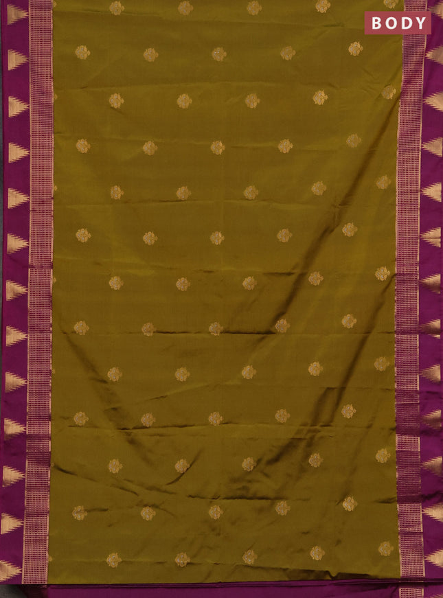 Semi soft silk saree mehendi green and dark magenta pink with zari woven buttas and temple design zari woven butta border