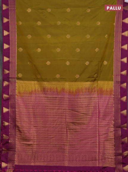 Semi soft silk saree mehendi green and dark magenta pink with zari woven buttas and temple design zari woven butta border