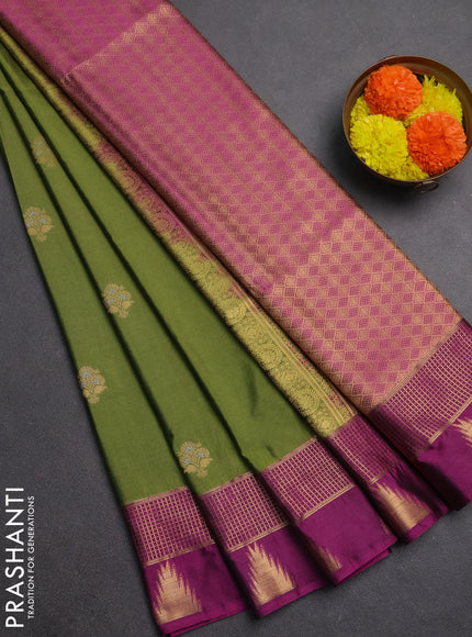 Semi soft silk saree sap green and magenta pink with zari woven buttas and temple design zari woven butta border