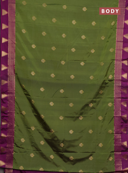 Semi soft silk saree sap green and magenta pink with zari woven buttas and temple design zari woven butta border