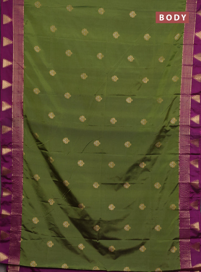 Semi soft silk saree sap green and magenta pink with zari woven buttas and temple design zari woven butta border
