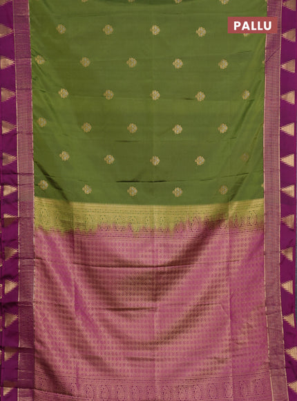 Semi soft silk saree sap green and magenta pink with zari woven buttas and temple design zari woven butta border