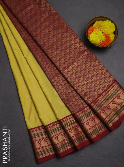Semi soft silk saree pale yellow and maroon with allover zari woven buttas and zari woven border