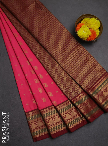 Semi soft silk saree pink and maroon with allover zari woven buttas and zari woven border