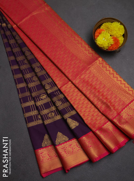 Semi soft silk saree purple and pink with allover zari checks & buttas and zari woven border