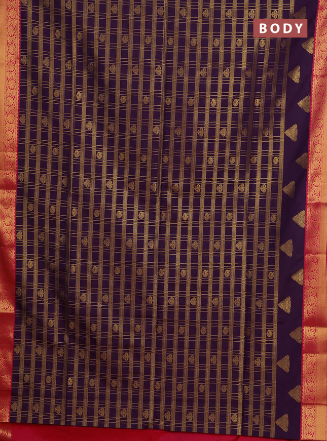 Semi soft silk saree purple and pink with allover zari checks & buttas and zari woven border
