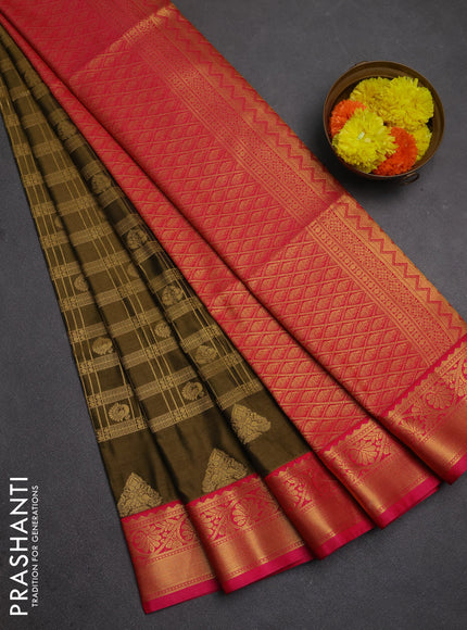 Semi soft silk saree mustard green and pink with allover zari checks & buttas and zari woven border