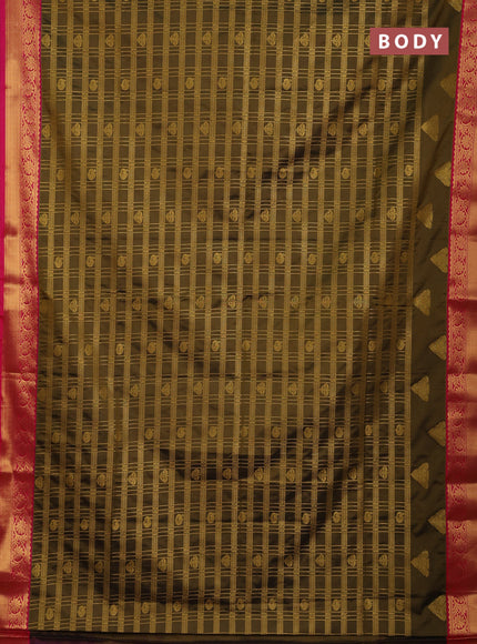 Semi soft silk saree mustard green and pink with allover zari checks & buttas and zari woven border
