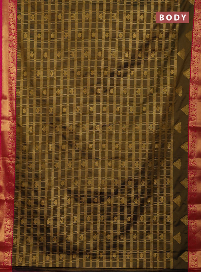 Semi soft silk saree mustard green and pink with allover zari checks & buttas and zari woven border