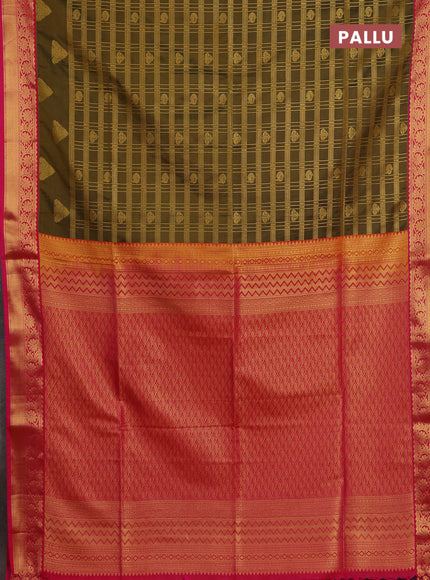 Semi soft silk saree mustard green and pink with allover zari checks & buttas and zari woven border