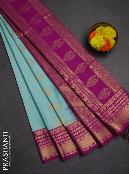 Semi soft silk saree teal blue and magenta pink with allover zari woven buttas and zari woven border
