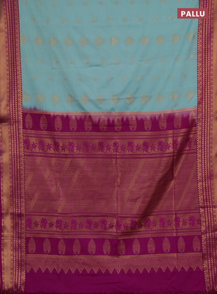 Semi soft silk saree teal blue and magenta pink with allover zari woven buttas and zari woven border