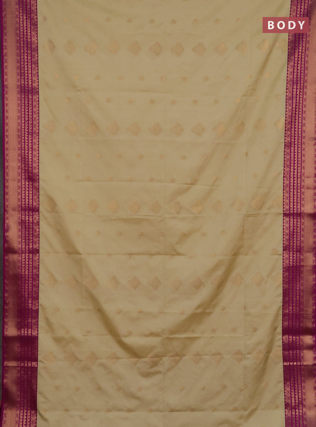 Semi soft silk saree beige and magenta pink with allover zari woven buttas and zari woven border