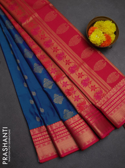 Semi soft silk saree peacock blue and pink with allover zari woven buttas and zari woven border