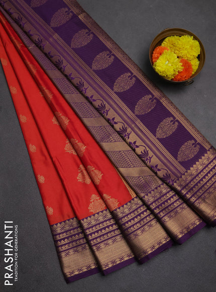 Semi soft silk saree rustic orange and purple with allover zari woven buttas and zari woven border