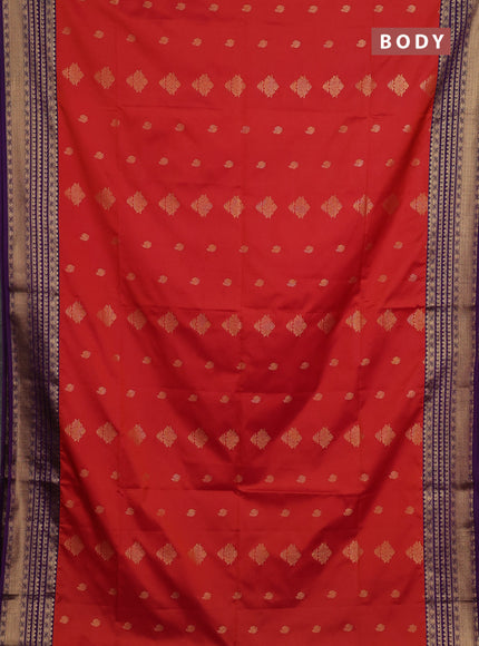 Semi soft silk saree rustic orange and purple with allover zari woven buttas and zari woven border
