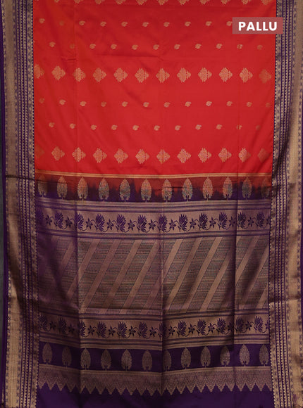 Semi soft silk saree rustic orange and purple with allover zari woven buttas and zari woven border