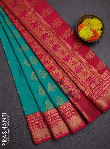 Semi soft silk saree teal green and pink with allover zari woven buttas and zari woven border