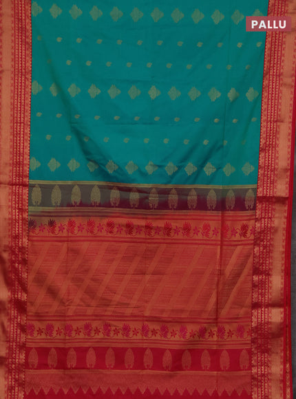 Semi soft silk saree teal green and pink with allover zari woven buttas and zari woven border