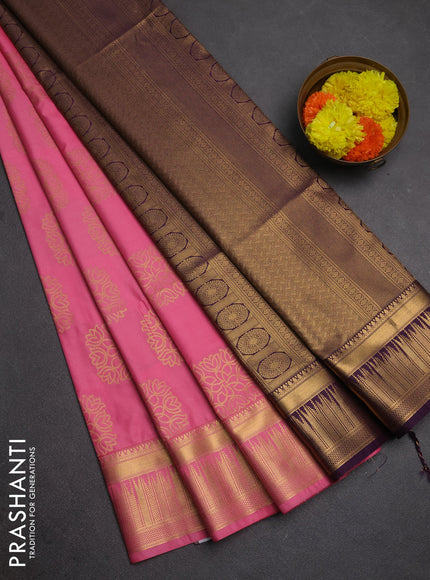 Semi soft silk saree pink and purple with allover zari woven buttas and zari woven border