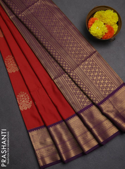 Semi soft silk saree rust shade and purple with zari woven buttas and zari woven border