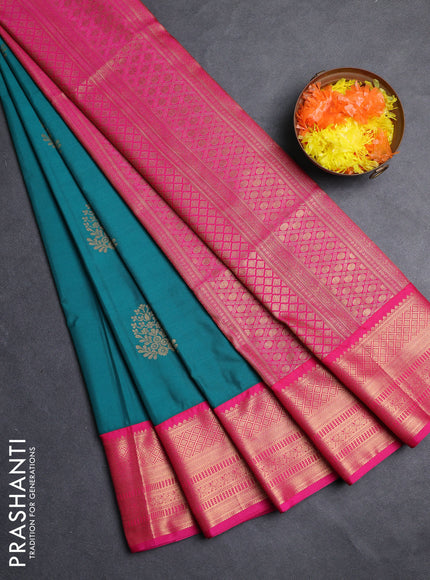 Semi soft silk saree teal green and pink with zari woven buttas and zari woven border