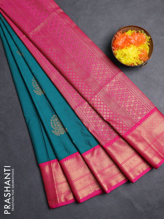 Semi soft silk saree teal green and pink with zari woven buttas and zari woven border