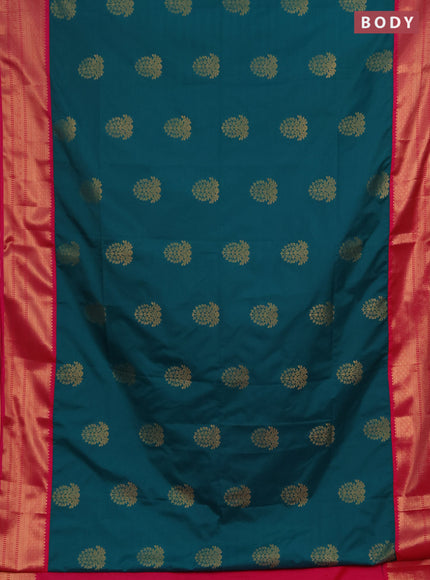 Semi soft silk saree teal green and pink with zari woven buttas and zari woven border