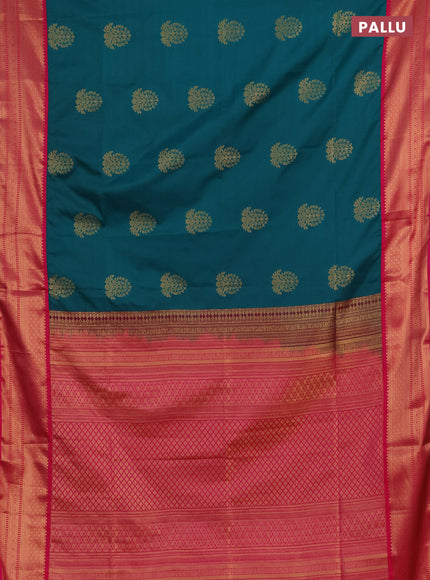 Semi soft silk saree teal green and pink with zari woven buttas and zari woven border