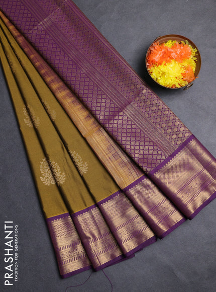 Semi soft silk saree mustard green and purple with zari woven buttas and zari woven border
