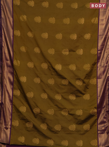 Semi soft silk saree mustard green and purple with zari woven buttas and zari woven border