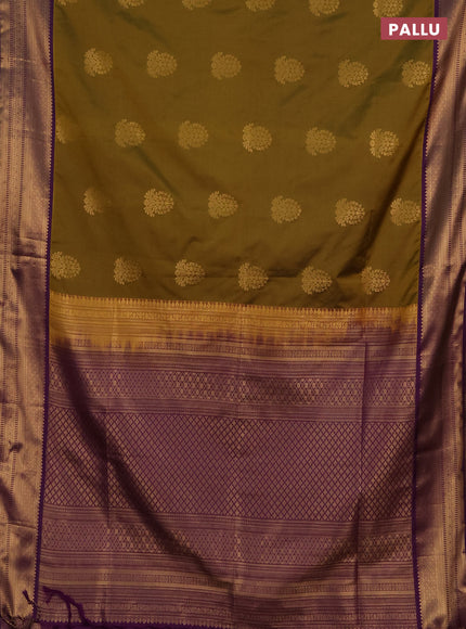 Semi soft silk saree mustard green and purple with zari woven buttas and zari woven border