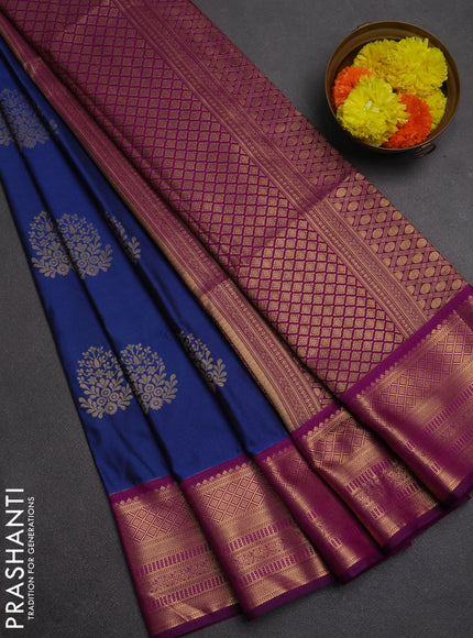 Semi soft silk saree peacock blue and purple with zari woven buttas and zari woven border
