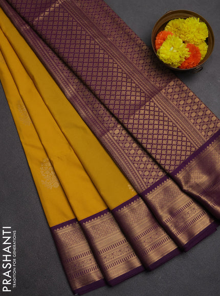 Semi soft silk saree mustard yellow and purple with zari woven buttas and zari woven border