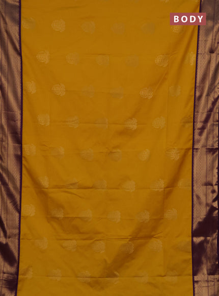 Semi soft silk saree mustard yellow and purple with zari woven buttas and zari woven border