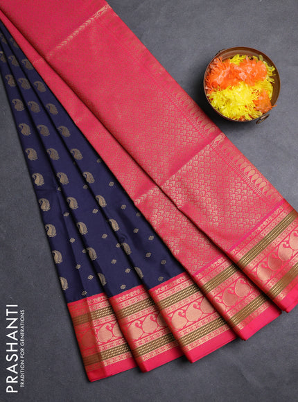 Semi soft silk saree navy blue and pink with allover zari woven buttas and zari woven border