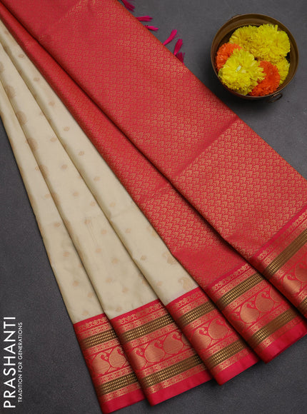 Semi soft silk saree beige and pink with allover zari woven buttas and zari woven border