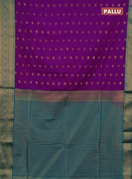 Semi soft silk saree magenta pink and teal green with allover zari woven buttas and zari woven border