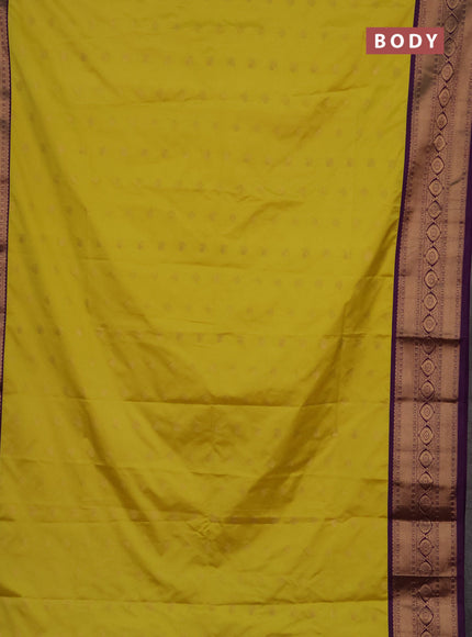 Semi soft silk saree lime yellow and purple with allover zari woven buttas and zari woven border