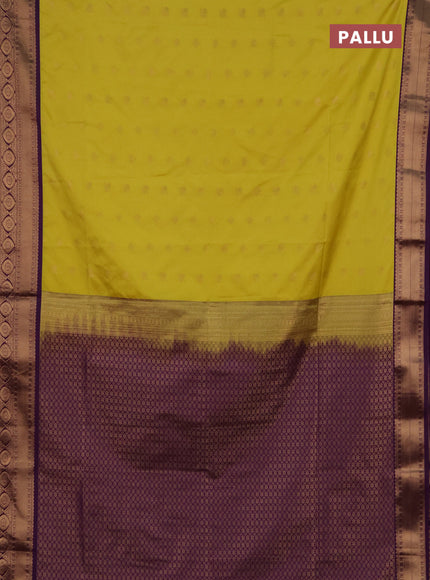 Semi soft silk saree lime yellow and purple with allover zari woven buttas and zari woven border