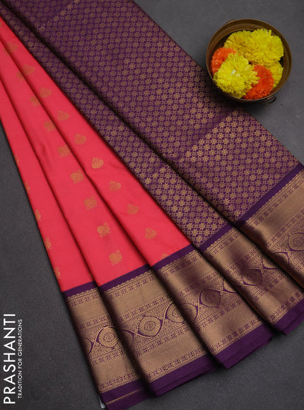 Semi soft silk saree candy pink and purple with allover zari woven buttas and zari woven border