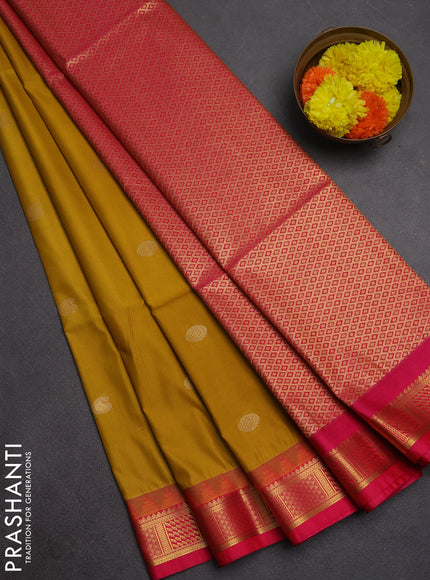 Semi soft silk saree mustard yellow and pink with zari woven buttas and temple design zari woven border